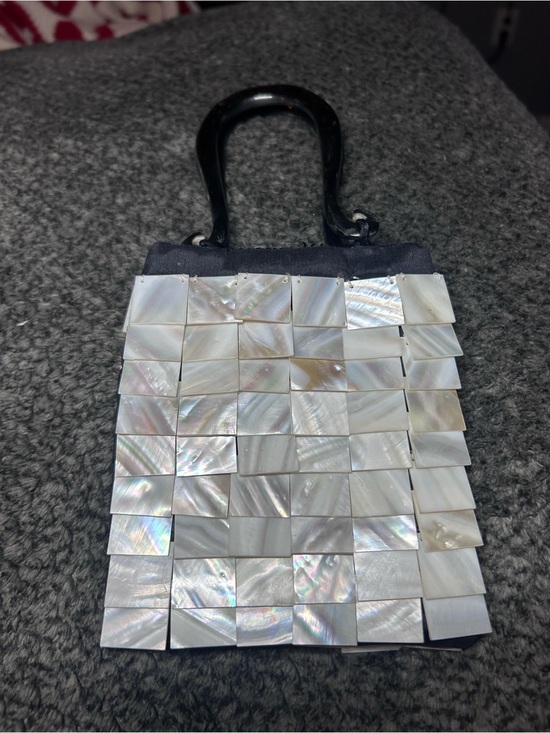 Handbags - Iridescent Shell Tile Mini Handbag - White with Black handles